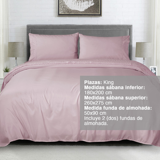 Sábana Broderie King Palo Rosa