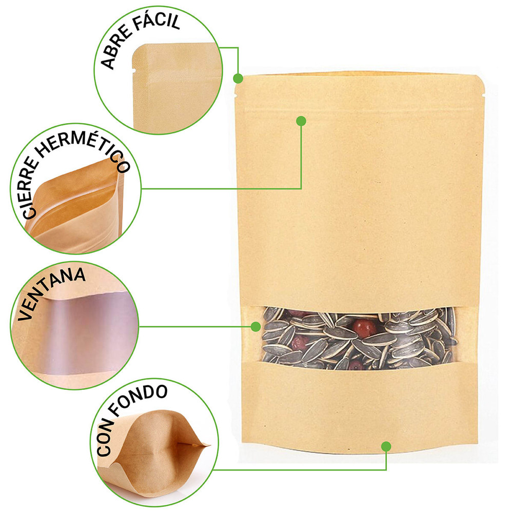 Bolsas DoyPack Kraft con Ventana 12x20x4 cms. (100 unidades)