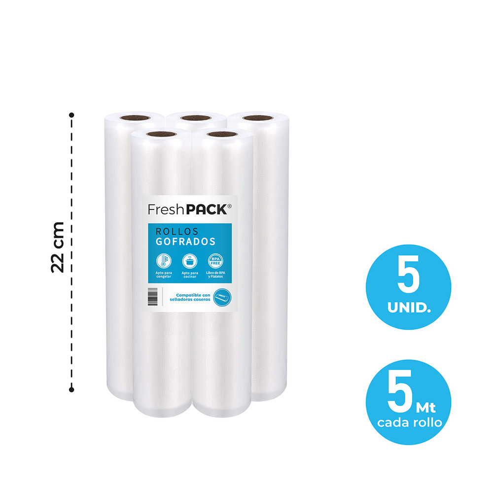 Pack 5 rollos gofrados FRESHPACK 22cms X 5mts para envasado al vacío