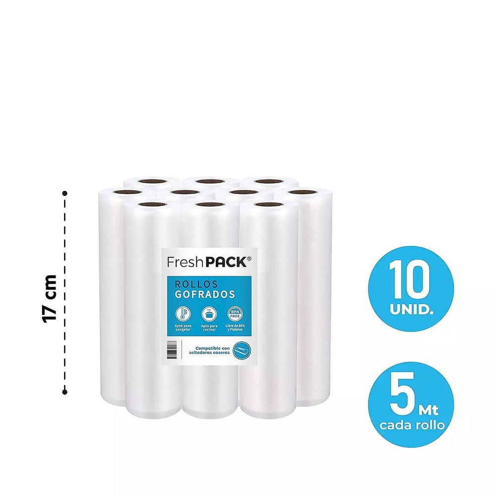 Pack 10 rollos gofrados 17cms X 5mts para envasado al vacío