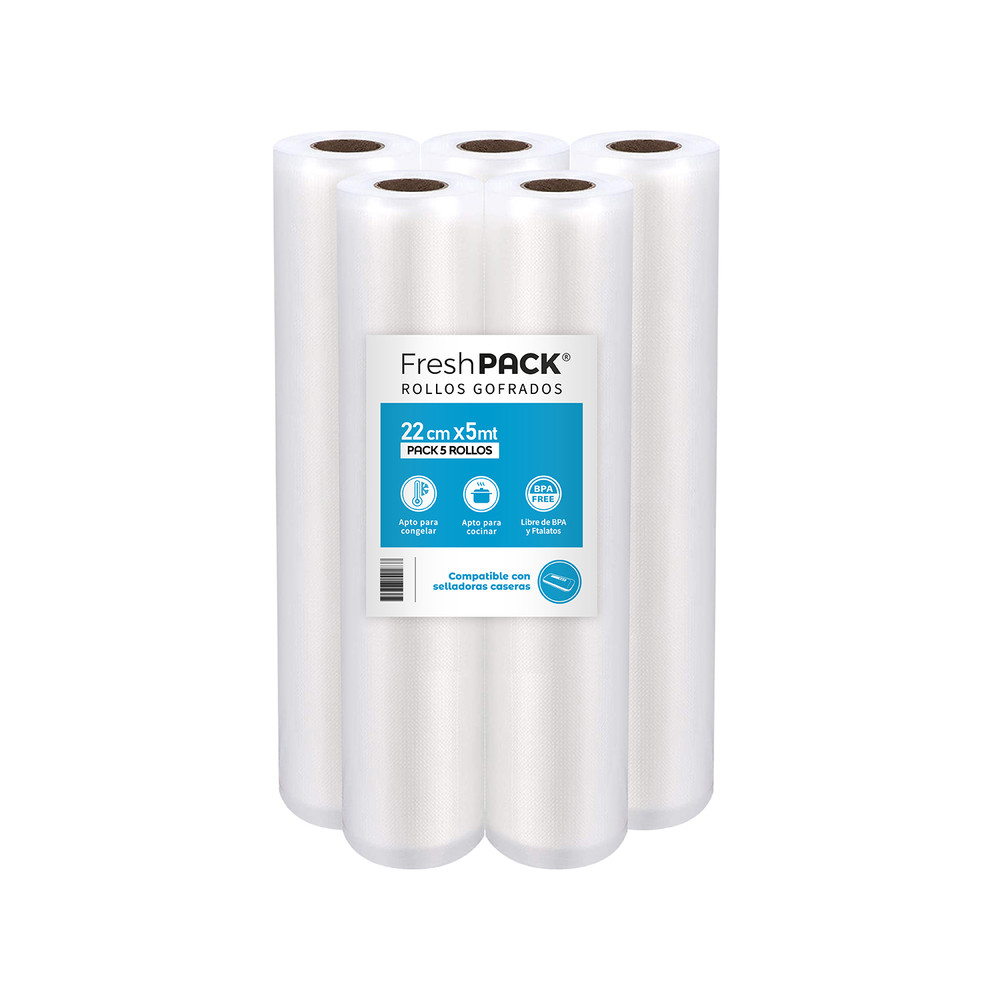 Pack 5 rollos gofrados FRESHPACK 22cms X 5mts para envasado al vacío