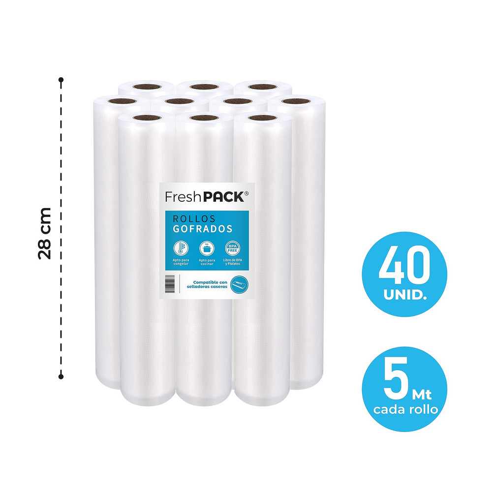 Pack 40 rollos gofrados 28cms X 5mts para envasado al vacío