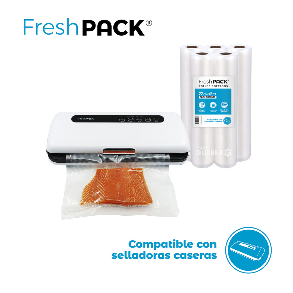 Pack 5 rollos gofrados FRESHPACK 22cms X 5mts para envasado al vacío