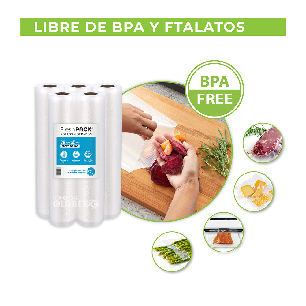 Pack 5 rollos gofrados FRESHPACK 28cms X 5mts para envasado al vacío
