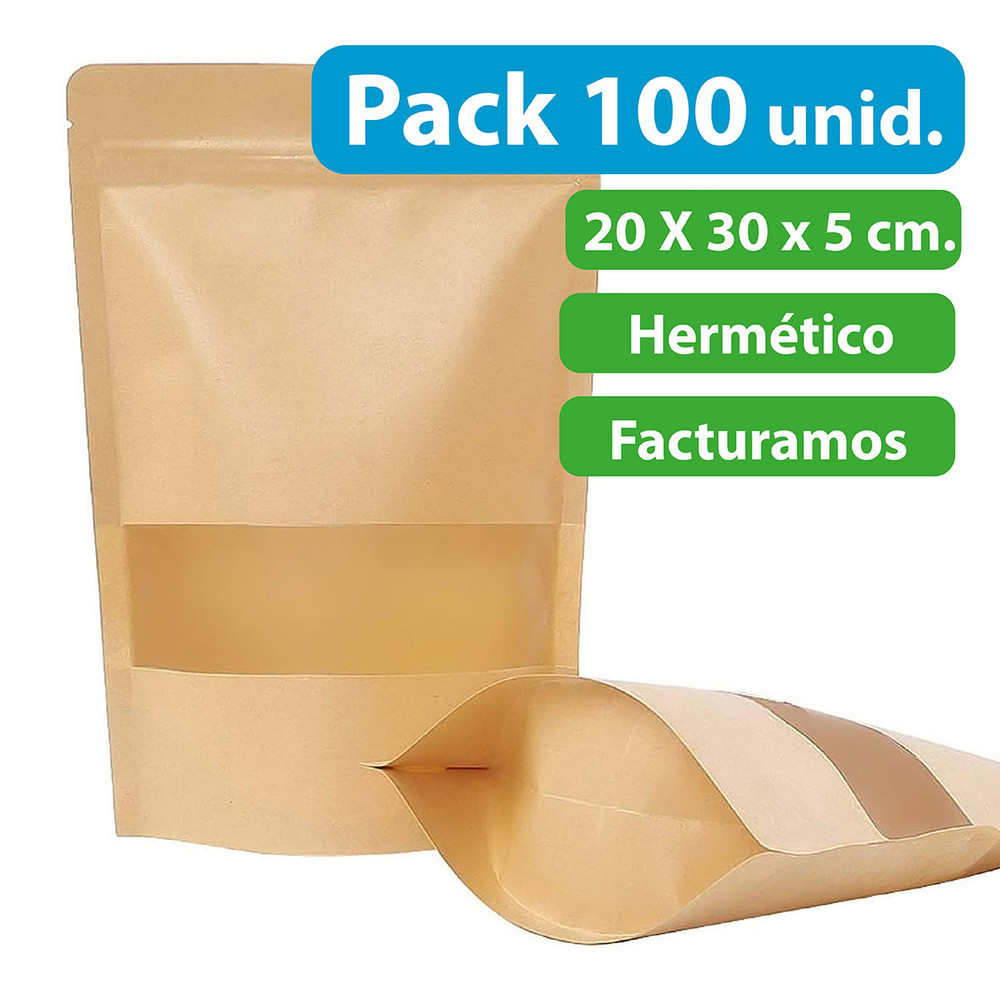 Bolsas DoyPack Kraft con Ventana 20x30x5 cms. (100 unidades)