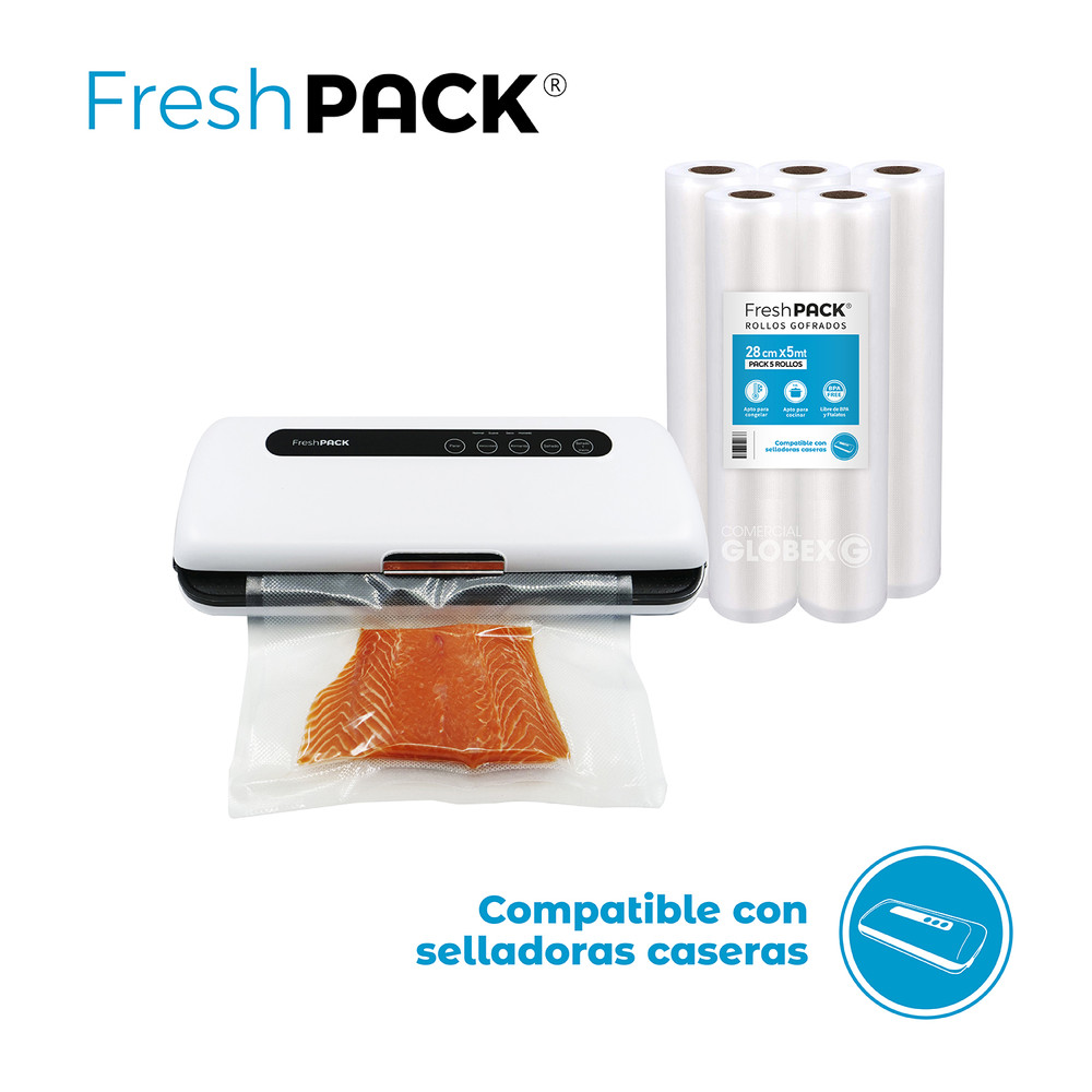 Pack 5 rollos gofrados FRESHPACK 28cms X 5mts para envasado al vacío