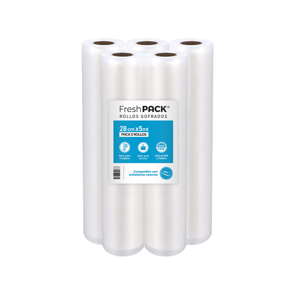 Pack 5 rollos gofrados FRESHPACK 28cms X 5mts para envasado al vacío