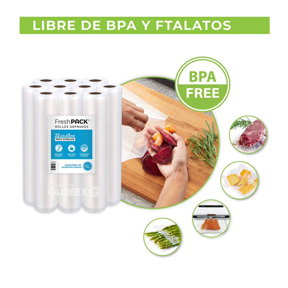 Pack 10 rollos gofrados 22cms X 5mts para envasado al vacío