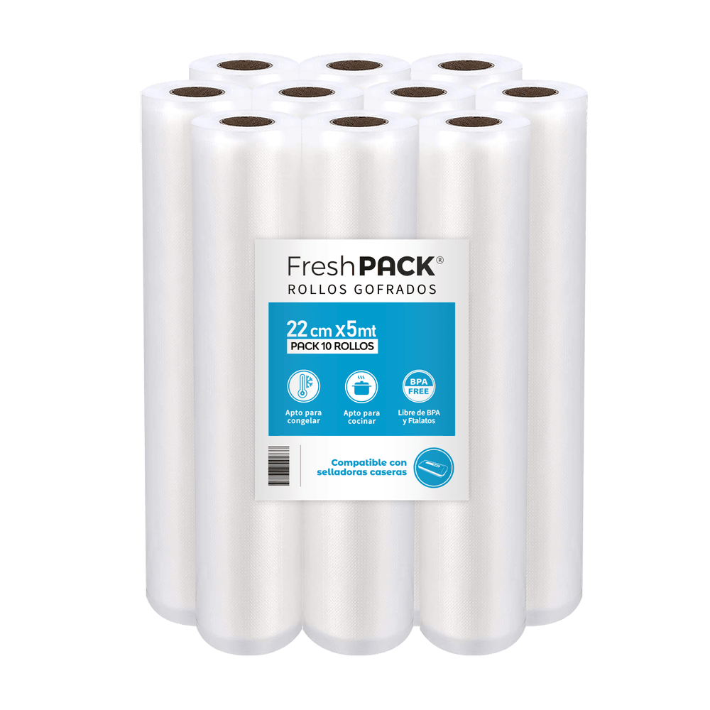 Pack 10 rollos gofrados 22cms X 5mts para envasado al vacío