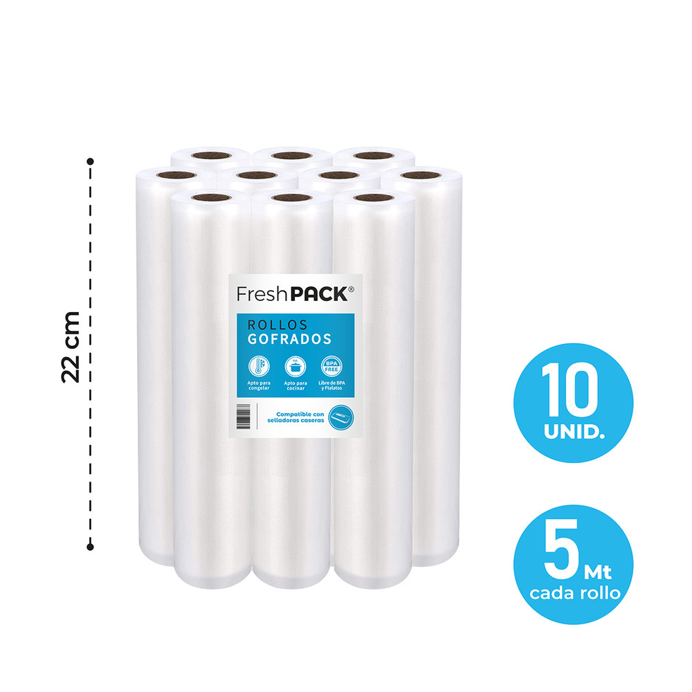 Pack 10 rollos gofrados 22cms X 5mts para envasado al vacío