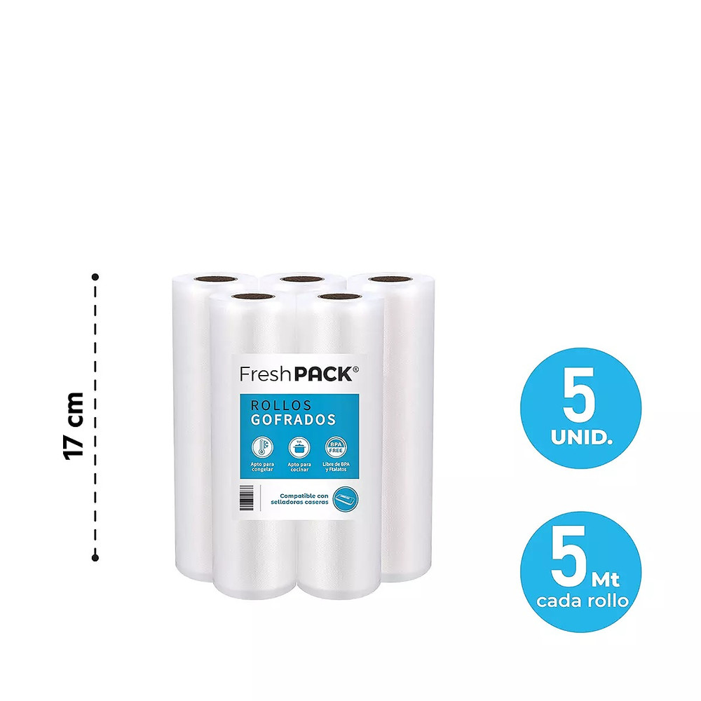 Pack 5 rollos gofrados FRESHPACK 17cms X 5mts para envasado al vacío