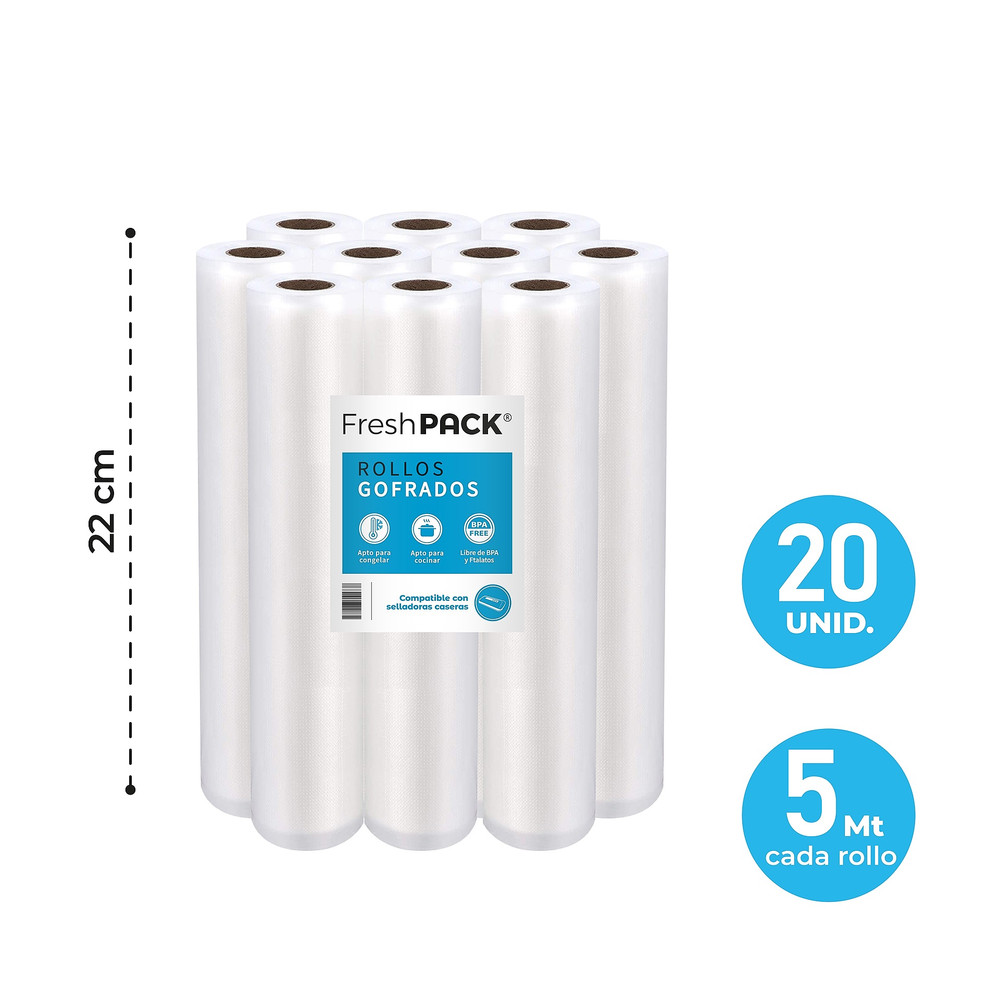 Pack 20 rollos gofrados 22cms X 5mts para envasado al vacío