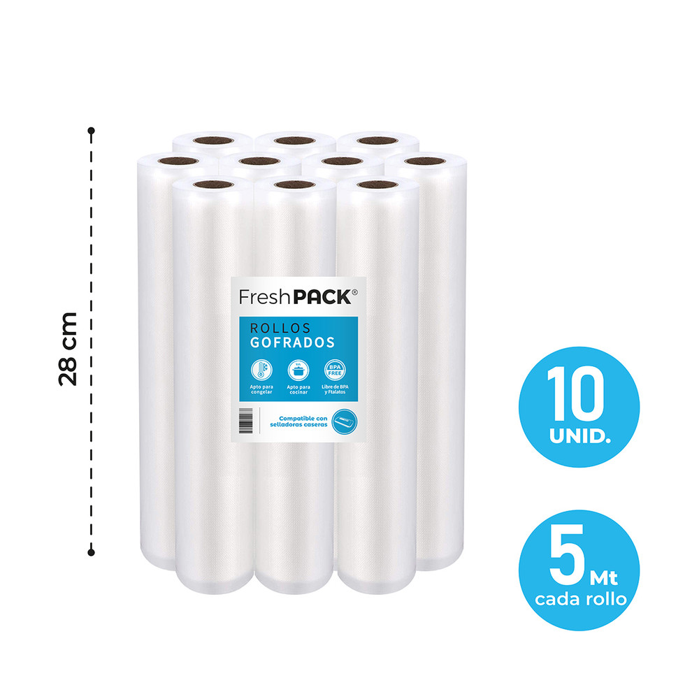 Pack 10 rollos gofrados 28cms X 5mts para envasado al vacío