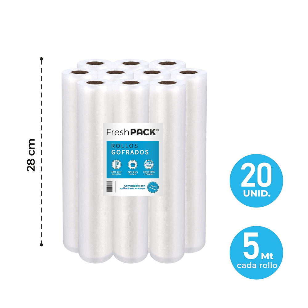 Pack 20 rollos gofrados 28cms X 5mts para envasado al vacío