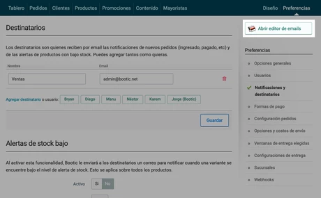 Editar mails de notificaciones - vista alternativa