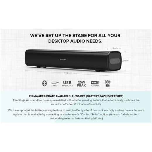 BARRA DE SONIDO CREATIVE STAGE AIR PORTATIL COMPACTO USB BLUETOOTH AUXILIAR 6 HORAS DE BATERIA PARA PC/MAC-NOTEBOOK-TV-CELULAR