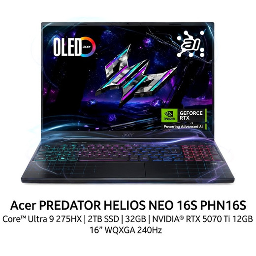 Acer Predator Helios Neo 16S | Ultra 9 275HX + RTX 5070Ti 12GB | 32GB RAM + 2TB SSD | 16” WQXGA 240Hz | NUEVO
