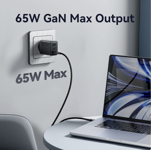 Cargador de pared USB C de 65 W GaN de 3 puertos  para MacBook, iPad Pro, iPhone 14 13 12 Pro Max, Galaxy S22 S20 Note 20, Dell XPS - Cargador de viaje compacto para Notebooks y más
