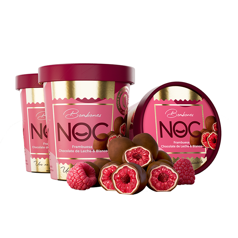 Bombones Noc GreenFarms. Frambuesas, chocolate de leche y blanco. Caja 24 unidades.