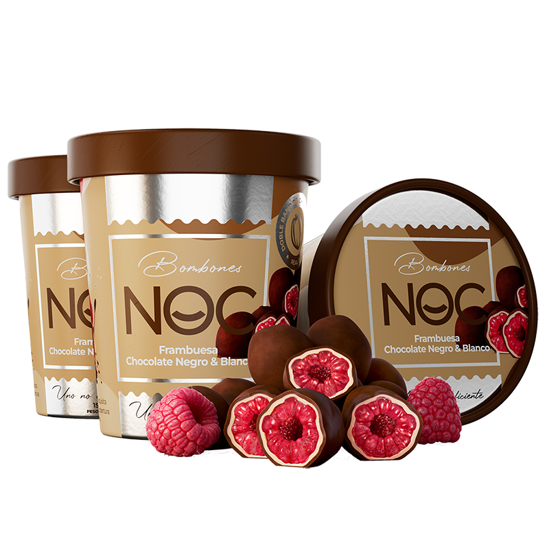 Bombones Noc GreenFarms. Frambuesas, chocolate negro y blanco. Caja 24 unidades.