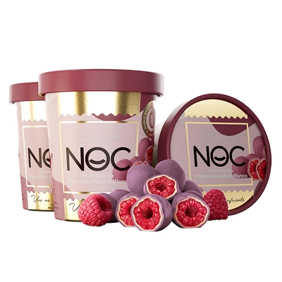 Bombones Noc GreenFarms. Frambuesas, chocolate rubí y blanco. Caja 24 unidades.