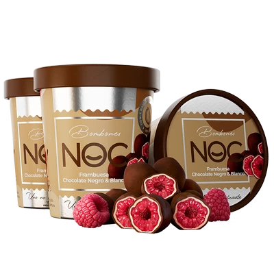 Bombones Noc GreenFarms. Frambuesas, chocolate negro y blanco. Pote 150gr.