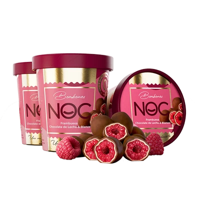 Bombones Noc GreenFarms. Frambuesas, chocolate de leche y blanco. Pote 150gr.
