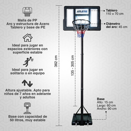 Aro de Básquetball Atletis Ajustable 1.35m a 3.05m Negro