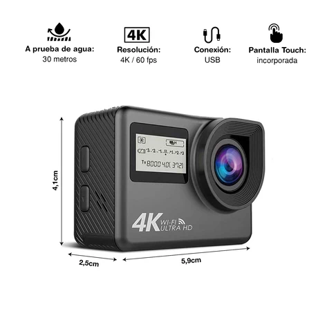 Cámara Deportiva 4K con WiFi y Touch AC-133 Negro