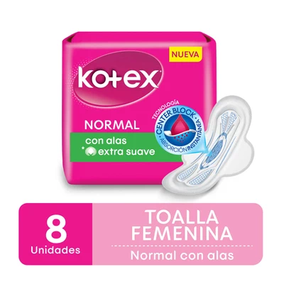 Kotex Toalla Normal Tela Extra Suave con Alas 8 unidades