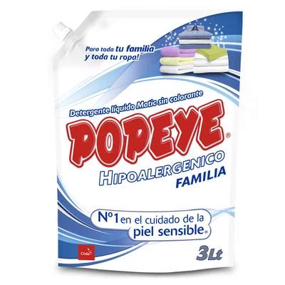 Popeye Detergente Líquido Hipoalergénico Familiar Doypack 3 Litros