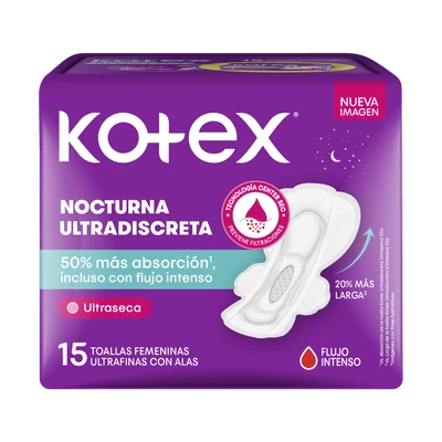 Kotex Toalla Nocturna Ultrafina Tela Malla con Alas 15 unidades
