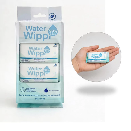 Wippi Toallitas Húmedas 99 % agua  8 paquetitos de 8 unidades cada uno
