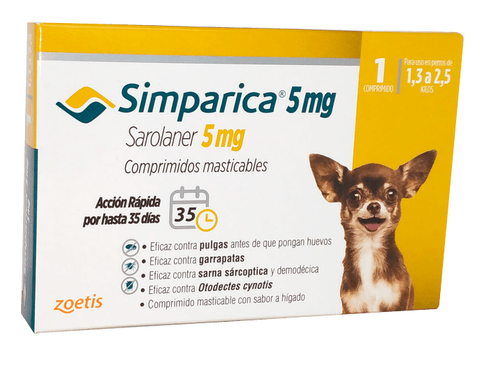 SIMPARICA 1 TABLETA PARA PERROS DE 1,3 A 2,5 KG  - Simparica 5mg amarillo 1compr.png